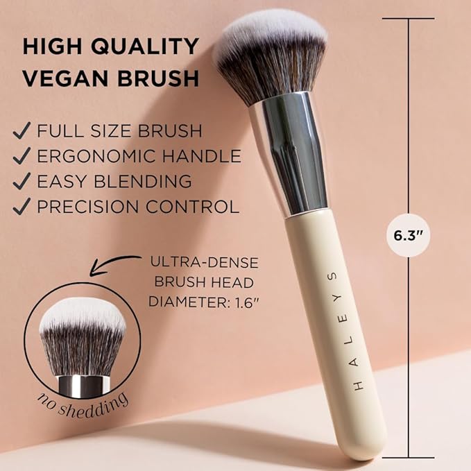 HALEYS Kabuki Makeup Brush VEGAN+CRUELTY-FREE, Sustainable Wood, Vegan Bristles for Airbrushed Finish, For Creams, Liquids, Powder, Streak-free, Perfect Blending, Buffs, Blurs, Smooths with Control-VivaGrace Women