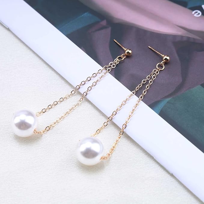 Vintage Pearl Earrings Long Pearl Stud Earrings Boho Gold Pearl Pendant Earrings Big Pearl Dangling Earrings Jewelry for Women and Girls-VivaGrace Women