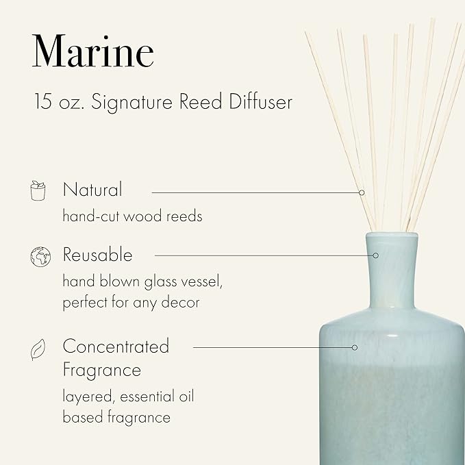 LAFCO New York Signature Reed Diffuser, Marine - 15 oz - Up to 9 Months Fragrance Life - Reusable, Hand Blown Glass Vessel - Natural Wood Reeds - Made in The USA-VivaGrace Women