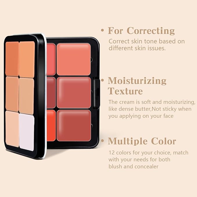 12 Colors Cream Blush Palette, Color Correcting Concealer Foundation Palette, Long Wearing Smudge Proof Blendable Matte Finish Blush Powder Highlighter and Cream Contour Palette Makeup (01)-VivaGrace Women