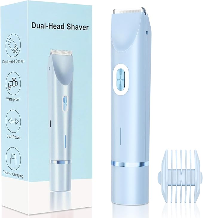 2025 New 2-in-1 Electric Bikini Trimmer for Women - Dual Head Electric Razor,Waterproof Painless Bikini Shaver, Pubic Hair Trimmer for Private Area & Body Hair, Blue-VivaGrace Women