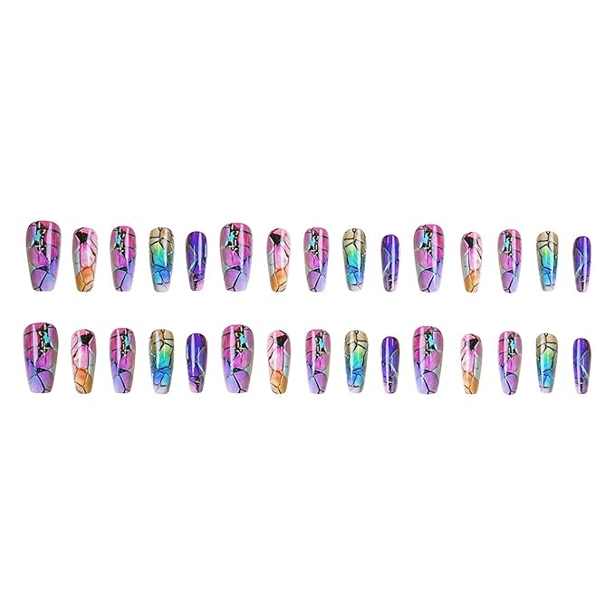 Coffin Press on Nails Medium Length Fake Nails Sparkly Stained Glass Windows False Nails with Designs Acrylic Artificial Nails Full Cover Glue on Nails Cute Stick on Nails for Women 24Pcs