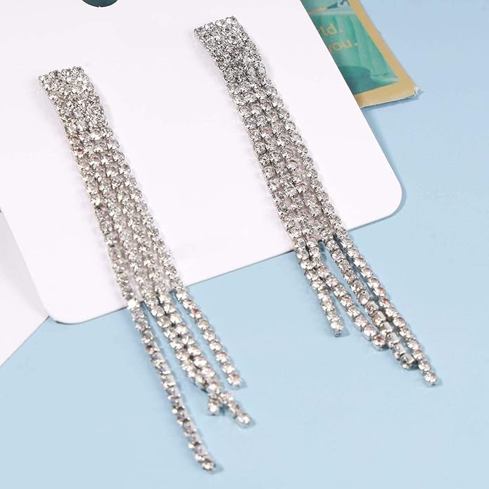 Boho Rhinestone Tassel Earrings Long Fringe Drop Dangle Earrings Silver Crystal Chain Tassel Earrings Vintage Chandelier Chain Studs Earrings Luxury Statement Earrings Jewelry for Women and Girls Gifts-VivaGrace Women