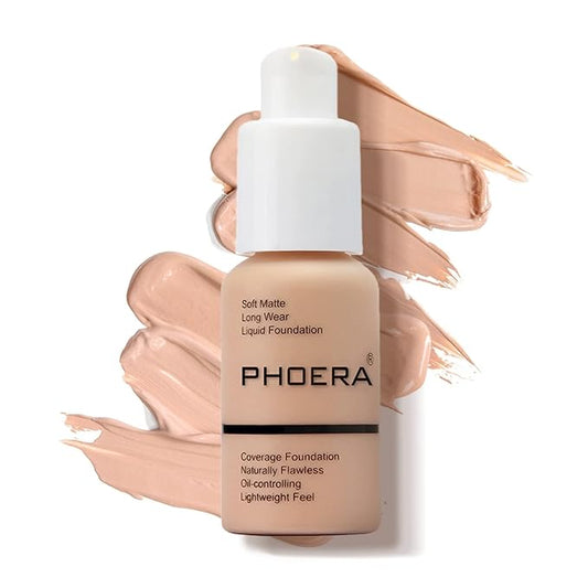 PHOERA Foundation Makeup Naturally Liquid Foundation Full Coverage Mattle Oil-Control Concealer 8 Colors Optional,Great Choice For Gift (#103 Warm Peach,30ml)-VivaGrace Women