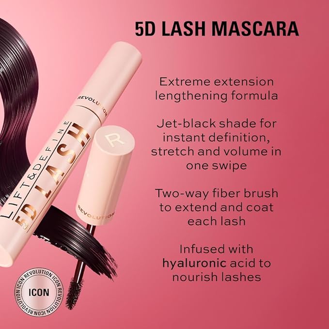 Revolution Beauty, 5D Lash Mascara, Lengthening & Volumizing Effect, Jet Black Formula, Infused with Hyaluronic Acid, Vegan & Cruelty Free, 0.47 Fl. Oz.