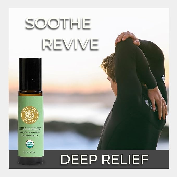 Silk Road Organic Muscle Relief Essential Oil Blend Roll On, 100% Pure USDA Certified Aromatherapy for Muscle Aches & Stiff Joints with Peppermint & Ginger - 10 ml Roller-VivaGrace Women
