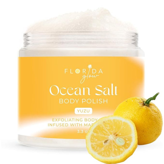Sea Salt Body Scrub by Florida Suncare - Ocean Salt Body Polish Infused with Marine Algae - Exfoliating Face and Body Scrub - Facial Scrub Exfoliator to Tackle Acne and Scars (Yuzu, 3.3oz)-VivaGrace Women