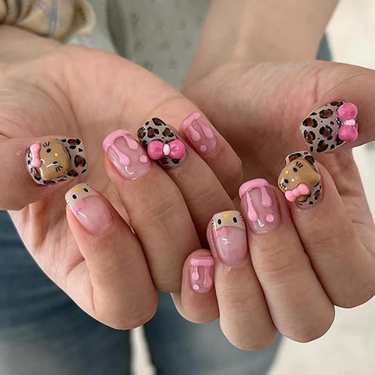 Cute Press on Nails Short Square Fake Nails with 3D French Cute Kawaii Design Leopard Pink Press ons Cartoon Nail Tip Artificial Acrylic Nail Cute False Nails for Women Girls Manicure 24Pcs