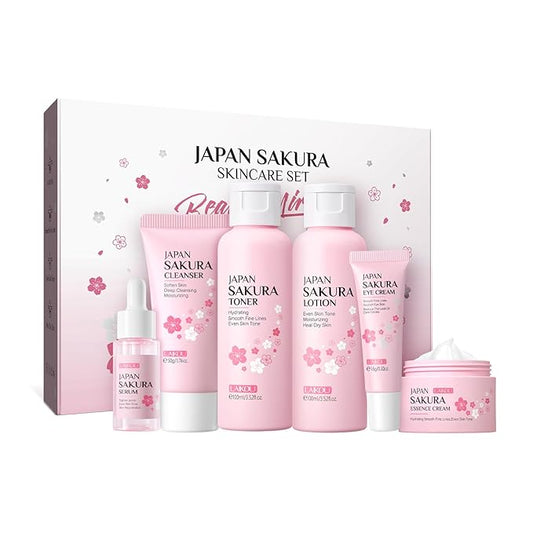 Skin Care Set JAPAN SAKURA Women Beauty Gift Sets Skin Care Kit with Cleanser, Toner, Lotion, Serum, Eye Cream, Face Cream Travel Kit for Women Teen Girls Mom Daughter TSA-friendly Sizes 6pcs-VivaGrace Women
