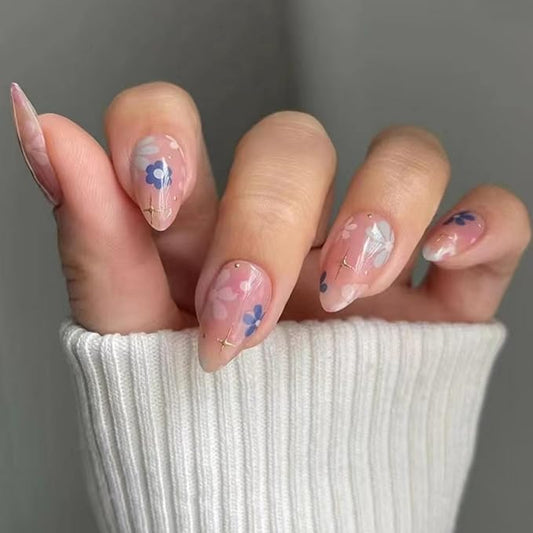 Flower Press Medium Almond Fake Nails with Design Star Glue on Reusable Artificial Acrylic Full Cover Stick on False Nails for Women Girls Manicure 24pcs