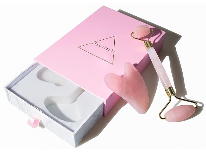 Rose Quartz Face Roller and Gua Sha Set - Face Roller Skin Care - Jade Roller and Gua Sha and Jade Roller for Face Rollers for Women Gifts - Rose Quartz Roller for Face Massage Roller DiviniTi-VivaGrace Women