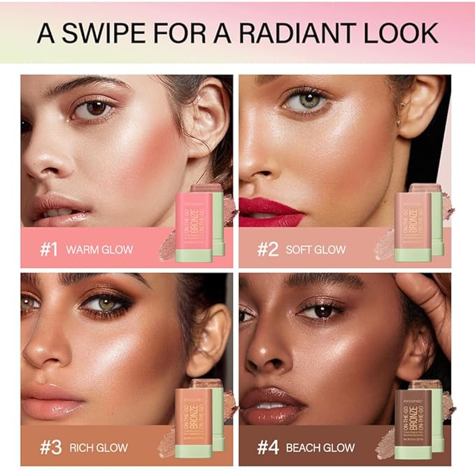 UNYOKE Soft Creamy Highlighter Blush Stick,Smooth Shimmer Bronzer Stick,Long Lasting Waterproof Blush Illuminator Luminizer,Blendable Natural Glow Makeup Cream Blush Highlight 0.6 Oz（03# Rich Glow）-VivaGrace Women