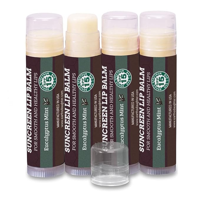 SPF Lip Balm 4-Pack by Earth's Daughter - Lip Sunscreen, SPF 15, Organic Ingredients, Eucalyptus Mint Flavor, Beeswax, Coconut Oil, Vitamin E - Hypoallergenic, Paraben Free, Gluten Free-VivaGrace Women
