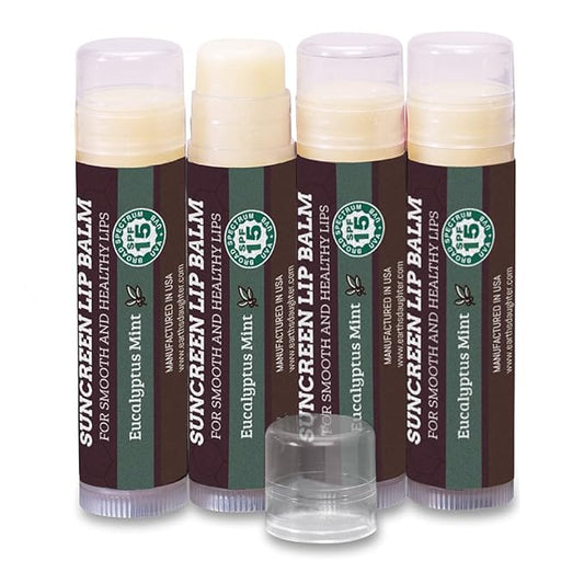 SPF Lip Balm 4-Pack by Earth's Daughter - Lip Sunscreen, SPF 15, Organic Ingredients, Eucalyptus Mint Flavor, Beeswax, Coconut Oil, Vitamin E - Hypoallergenic, Paraben Free, Gluten Free-VivaGrace Women