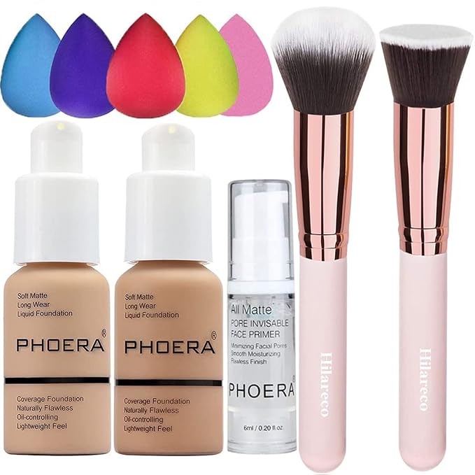 PHOERA Foundation 104 and 105 & Face Primer,Liquid Full Coverage Foundation Set,Foundation Brush Powder Brush,5 Makeup Sponge,30ml PHOERA 24HR Matte Oil Control Concealer (104 Buff Beige + 105 Sand)-VivaGrace Women