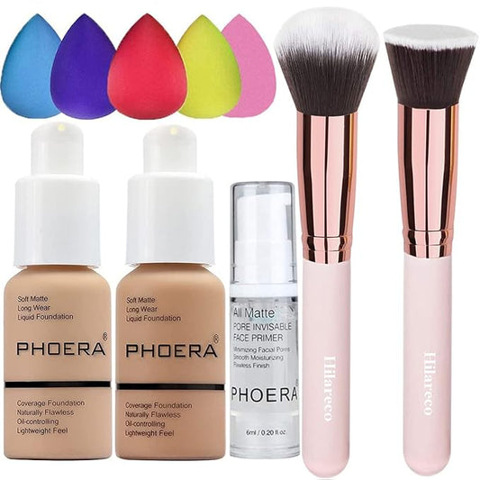 PHOERA Foundation 104 and 105 & Face Primer,Liquid Full Coverage Foundation Set,Foundation Brush Powder Brush,5 Makeup Sponge,30ml PHOERA 24HR Matte Oil Control Concealer (104 Buff Beige + 105 Sand)-VivaGrace Women