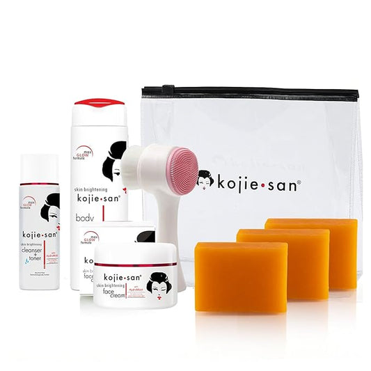Kojie San Face & Body Complete Brightening Set - 3 x 100g Bars Soap, Body Lotion, Face Cream, Toner, and Face Cleansing Brush - 7pcs-VivaGrace Women