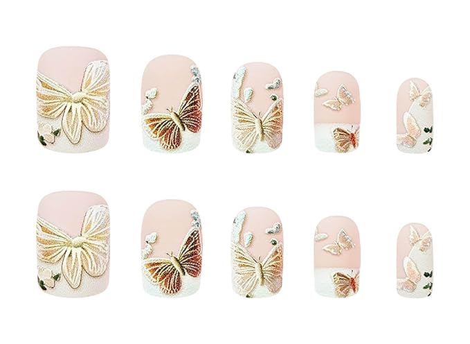 Square Press on Nails Medium Fake Nails White French False Nails with Butterfly Designs Spring Nail Press ons Full Cover Glue on Nails Artificial Nails Cute Stick on Nails for Women 24Pcs
