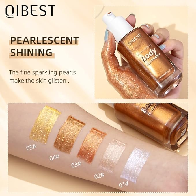 40ml Body Shimmer Oil,Face and Body Liquid Luminizer,Smooth Body Shimmer Oil For Sunshine Bath, Waterproof Moisturizing Light Shimmer Glow Illuminator,Liquid Highlighter Makeup,Makeup Brush Include (5#-Gold)-VivaGrace Women