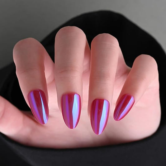 Chrome Spring Press on Nails Short Almond, Pink-Purple Press on Nails Almond, Fashion Gel Fake Nails, Reusable Glossy Stick on Nails for Women, Glue on Nails Kit,15 Sizes - 30Pcs