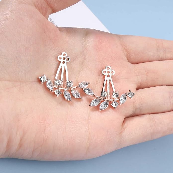 Boho Crystal Leaf Ear Jackets Earrings Gold Cz Crystal Earrings Rhinestone Front Back Studs Earrings Minimalist Earrings Jewelry for Women and Girls Gifts-VivaGrace Women