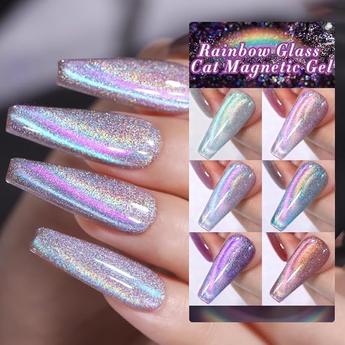 Born Pretty Magnetic Gel Nail Polish Holographic Glass Cat Magnetic Eye Gel Polish Nail Gel Soak Off Nail Art Salon Manicure Collection Gift 6pcs-VivaGrace Women