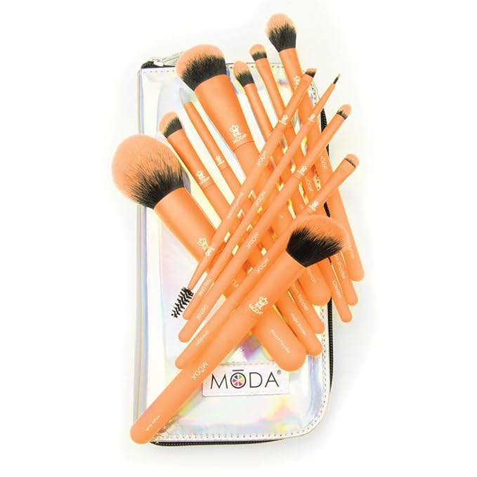 MODA Totally Electric Neon Orange Full Face Makeup Brush Kit – 13pc Vibrant Brush Set for Face & Eyes with Zip Case-VivaGrace Women