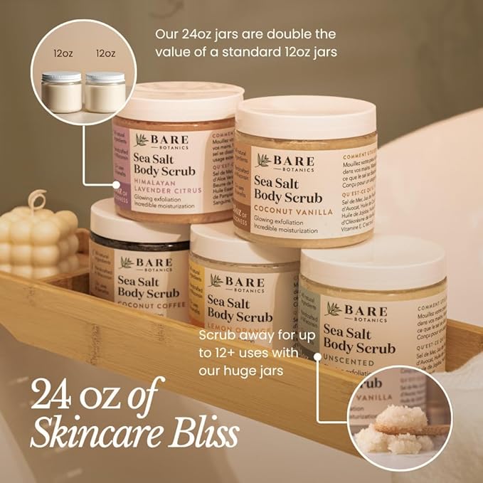 Bare Botanics Bergamot Mint Body Scrub 24oz | Made in Madison, WI | All Natural Sea Salt Exfoliator w/ Skin Loving Moisturizers | Vegan & Cruelty Free | Gift Ready Packaging w/ a Cute Wooden Spoon-VivaGrace Women
