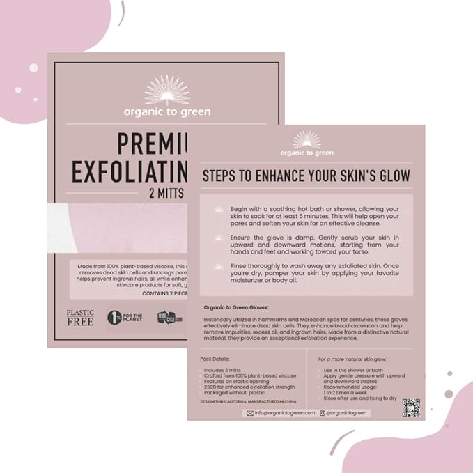 Organic to Green Premium Exfoliating Mitt for Body (2pc) – 100% Vegan Viscose Traditional Body Scrub Washcloth – Body Exfoliator (Pink)-VivaGrace Women