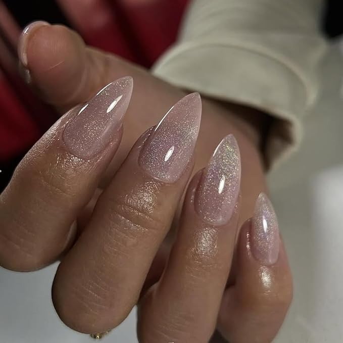 Light Pink Glitter Press on Nails Medium Almond Shape,KQueenest Iridescent Shimmer Acrylic Fake Nails,Sparkling Gel Nails Press ons,Glossy Flash Glue on Nails Medium False Nails with Designs in 24 PCS