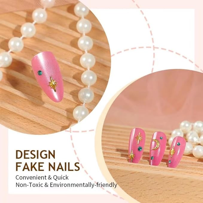 Pink Press on Nails Medium Almond Fake Nails Rhinestone False Nails with Design Star Moon Glue on Nails Glossy Acrylic Full Cover Reusable Shiny Glitter Stick on Nails for Women Girls Manicure 24pcs