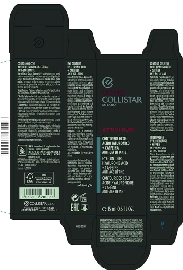 Collistar Uomo Attivi Puri Contorno Occhi Acido Ialuronico + Caffeina Anti-età Liftante, Eye Contour Hyaluronic Acid 15 ml, 0.5 Fl Oz Made in Italy [italian import]-VivaGrace Women