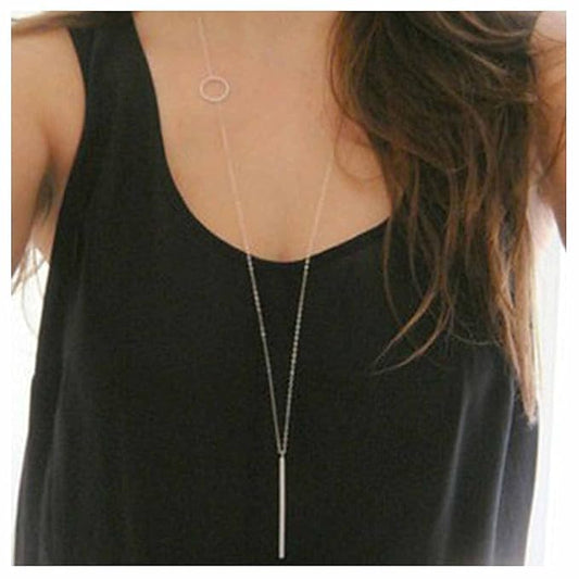 Vertical Bar Circle Necklace Silver Circle Pendant Necklace Boho Long Necklaces Chain Minimalist Geometric Ring Necklace Jewelry for Women and Girls-VivaGrace Women