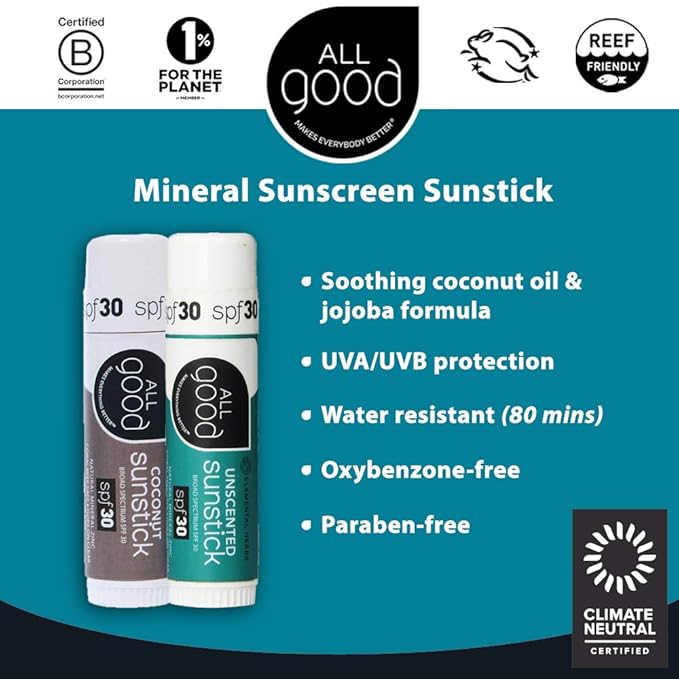 All Good Sunstick - Face Sunscreen, Water Resistant, UVA/UVB Broad Spectrum SPF 30+, Coral Reef Friendly - Beeswax, Zinc, Vitamin E, Shea Butter (Coconut)-VivaGrace Women