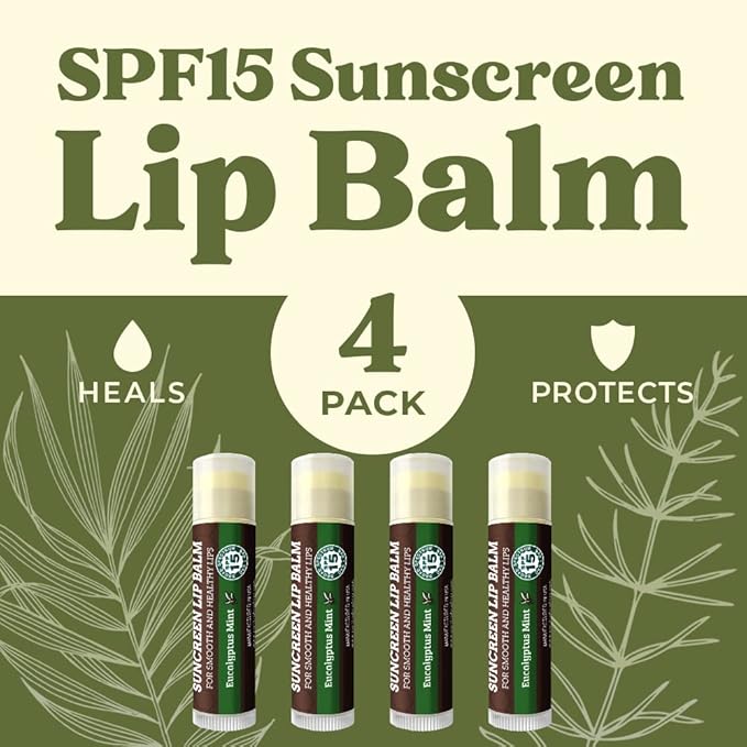 SPF Lip Balm 4-Pack by Earth's Daughter - Lip Sunscreen, SPF 15, Organic Ingredients, Eucalyptus Mint Flavor, Beeswax, Coconut Oil, Vitamin E - Hypoallergenic, Paraben Free, Gluten Free-VivaGrace Women