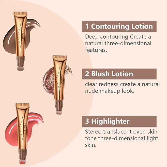 Liquid Contour Beauty Wand Set,Blush Liquid Contour Stick Highlighter Makeup With Cushion Applicator,Long Lasting Smooth Natural Matte Finish,Lightweight Blendable Super Silky Cream Sticks (01#03#05)-VivaGrace Women