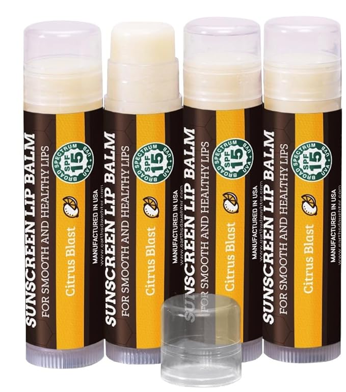SPF Lip Balm 4-Pack by Earth's Daughter - Lip Sunscreen, SPF 15, Organic Ingredients, Citrus Flavor, Beeswax, Coconut Oil, Vitamin E - Hypoallergenic, Paraben Free, Gluten Free-VivaGrace Women