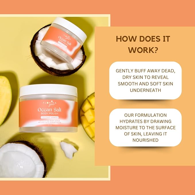 Sea Salt Body Scrub by Florida Suncare - Ocean Salt Body Polish Infused with Marine Algae - Exfoliating Face and Body Scrub - Facial Scrub Exfoliator to Tackle Acne and Scars (Coconut Mango, 3.3 oz)-VivaGrace Women