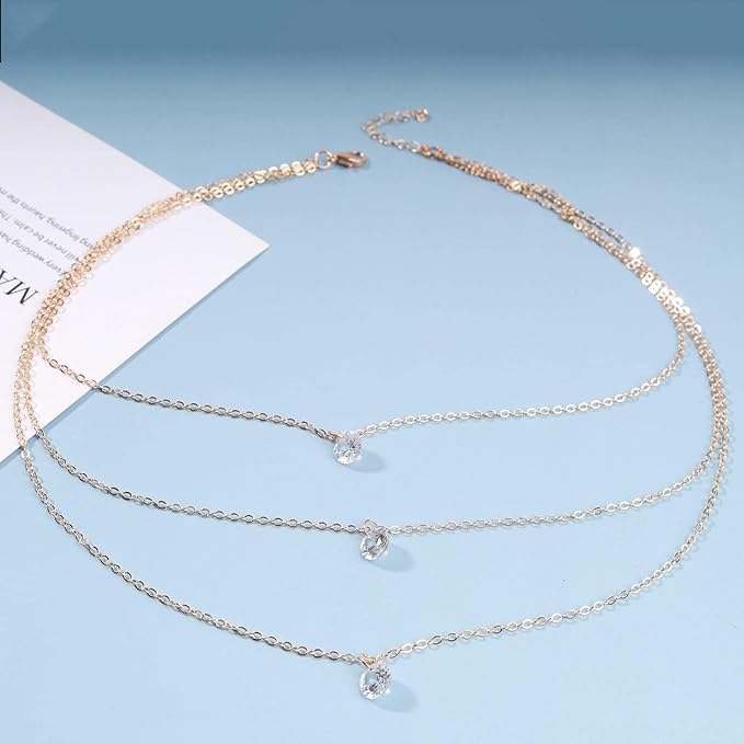 Boho Layered Crystal Necklace Choker Gold Bezel Pendant Necklace Multi Layering Vintage Necklace Chain Cz Bridal Necklace Chain Jewelry for Women and Girls-VivaGrace Women