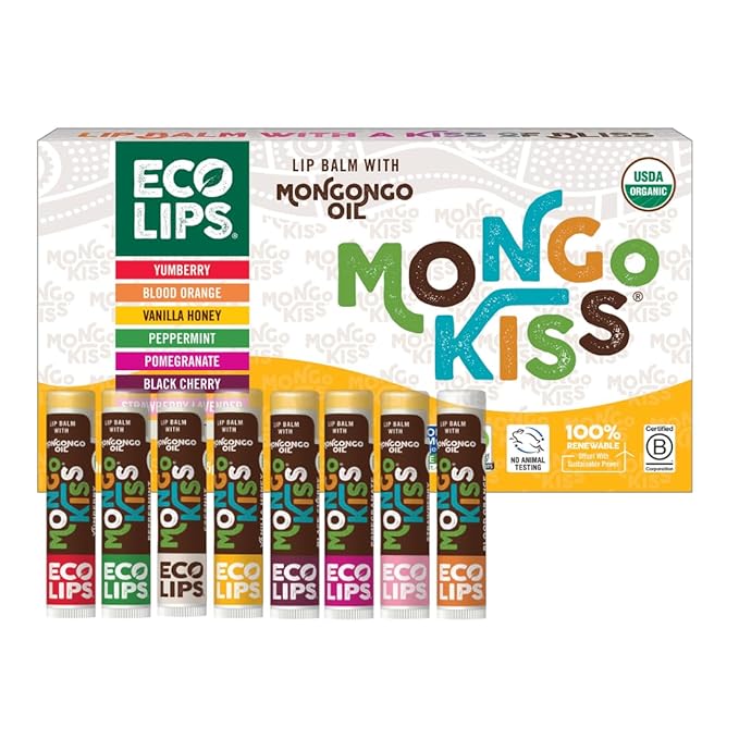 Mongo Kiss USDA Organic Lip Balm Set 8-pack (0.15 oz. each) with Mongongo Oil & Cocoa Butter to Moisturize Chapped Lips | Made in USA by Eco Lips (Variety)-VivaGrace Women