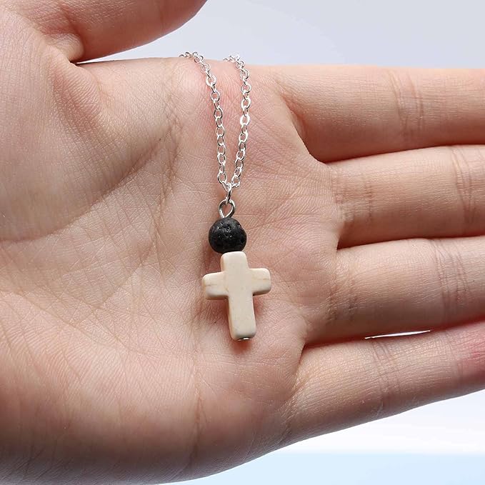 Boho Cross Pendant Necklace Black Lava Bead Choker Necklace Silver Chain Necklace Minimalist Everyday Necklace Jewelry for Women and Girls-VivaGrace Women
