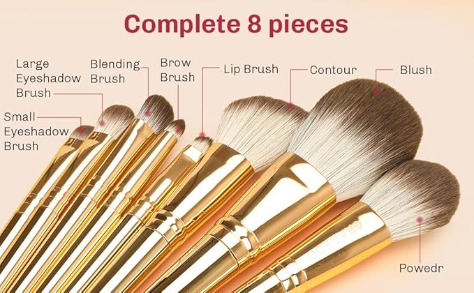 8pcs Gold Makeup Brush Set for All Skill Levels Easy Clean Soft Lint Free Brushes Travel Friendly Kit Foundation Powder Eyeshadow Blush Contour-VivaGrace Women