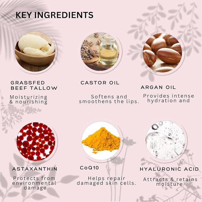 Natural Lip Balm - 100% Grass-fed Beef Tallow, Argan Oil, CoQ10, Astaxanthin, Hyaluronic Acid - Moisturizing, Organic - Made in USA (Cool Rose)-VivaGrace Women