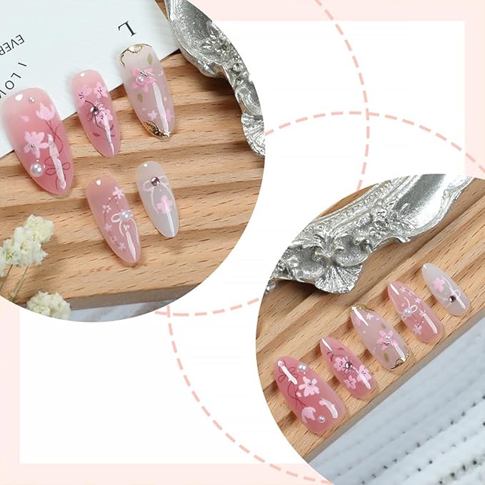 30Pcs Pink Flower Press on Nails Medium Almond Fake Nails Gilding Peach Blossom with Gems Design 3D Pearl Bow False Nails Cute Cat Stick on Nails Handmade Full Cover Artificial Glue on Nails for Women