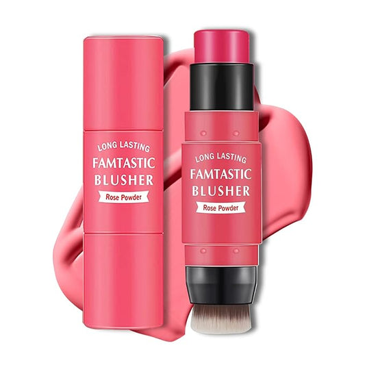 Cream Blush Stick with Brush, Waterproof, Long Lasting, Natural Finish, Rose Red - Compact Stick for All Skin Tones-VivaGrace Women