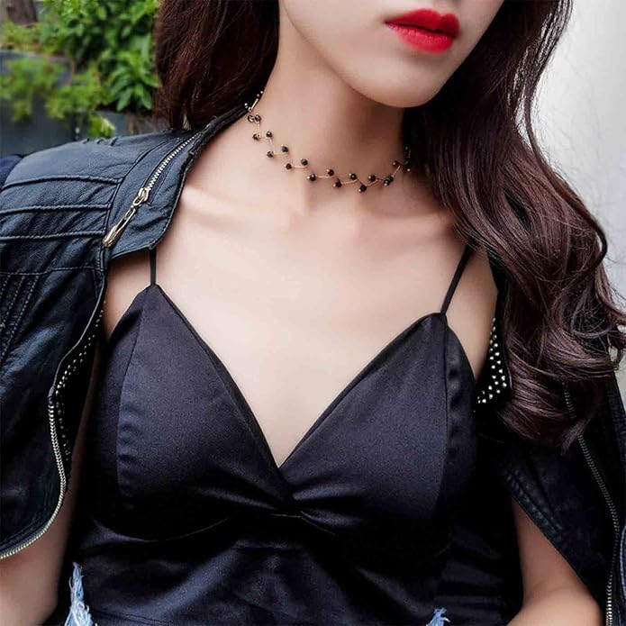 Black Crystal Choker Necklace Short Black Beaded Choker Necklace Silver Chain Necklace Minimalist Necklace Jewelry for Women and Girls-VivaGrace Women