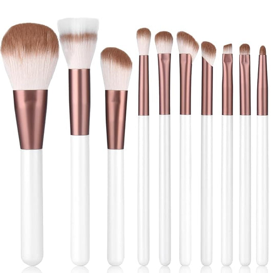Makeup Brushes Set With Case 10Pcs White Makeup Brush Kit Foundation Eyeshadow Powder Blending Kabuki Eyebrow Eyelash Brushes Cosmetic Brush Travel Kit Gift (White+Brown)-VivaGrace Women