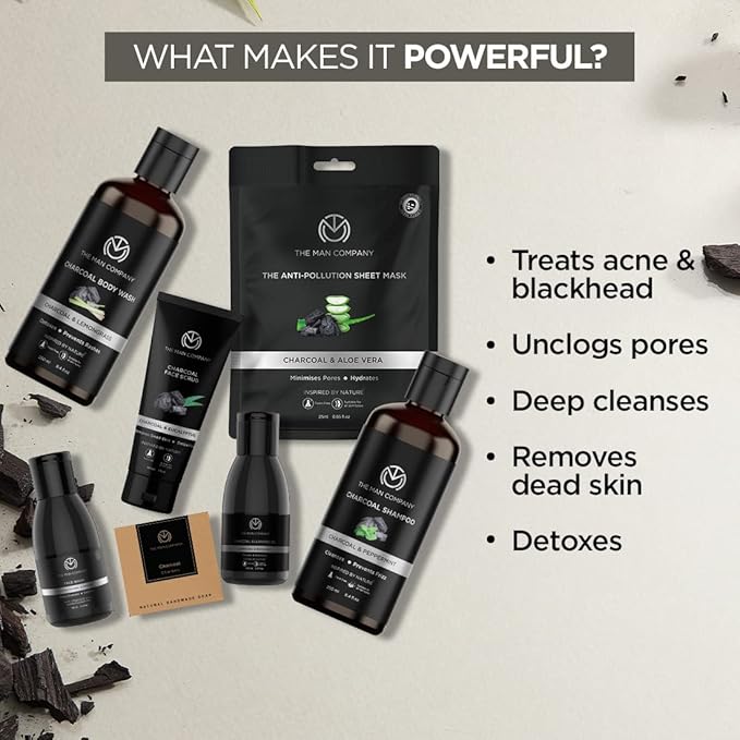 The Man Company Ultimate Charcoal Detan Kit with Elegant Gift Box | Charcoal Body wash, Shampoo, Face Scrub, Face wash, Charcoal Soap, Cleansing gel, Charcoal Sheet mask*2 (Set of 8)-VivaGrace Women