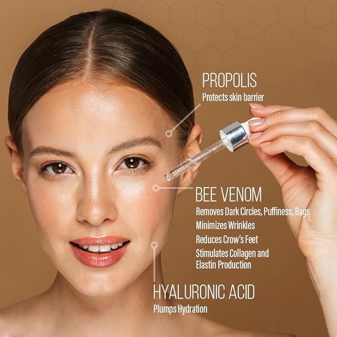BEE and YOU Eye Cream, Anti Aging, Anti Wrinkle Serum 100% Natural with Bee Venom, Propolis Extract, Raw Honey, Hyaluronic Acid, For Dark Circles Under Eye Treatment and Puffiness, Skin Care, 15ml-VivaGrace Women
