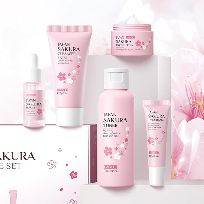 Skin Care Set JAPAN SAKURA Women Beauty Gift Sets Skin Care Kit with Cleanser, Toner, Serum, Eye Cream, Face Cream Travel Kit for Women Teen Girls Mom Daughter Birthday TSA-friendly Sizes 5pcs-VivaGrace Women